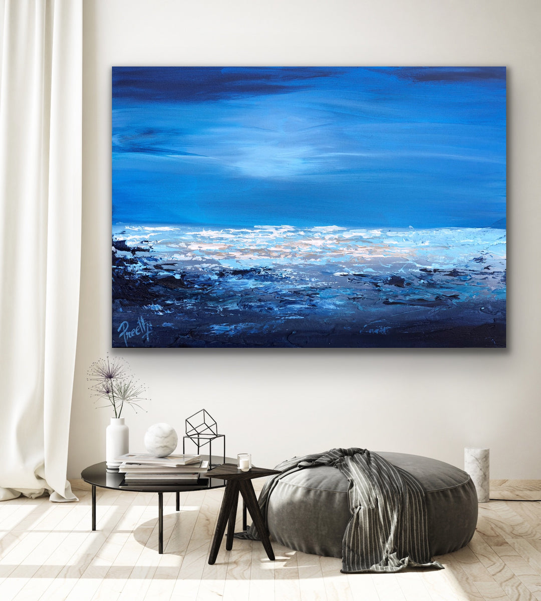 Blue shore  - Coastal art, seascape painting, Abstract painting, Minimalist Art, Framed painting, Wall Art, Modern Wall Decor, Large painting, Local Artist