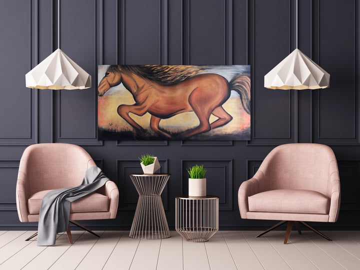 Golden Horse - 48x24 - Abstract painting, Modern Art, Wall art, Canvas painting, Framed art, Minimalist art