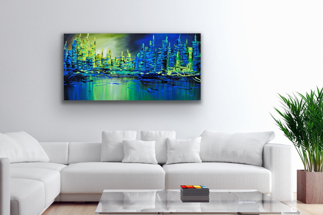 Blue Reflection - 24x48 - Abstract painting, Modern Art, Wall art, Canvas painting, Framed art, Minimalist art