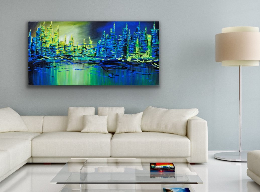 Blue Reflection - 24x48 - Abstract painting, Modern Art, Wall art, Canvas painting, Framed art, Minimalist art