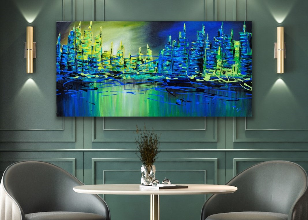 Blue Reflection - 24x48 - Abstract painting, Modern Art, Wall art, Canvas painting, Framed art, Minimalist art