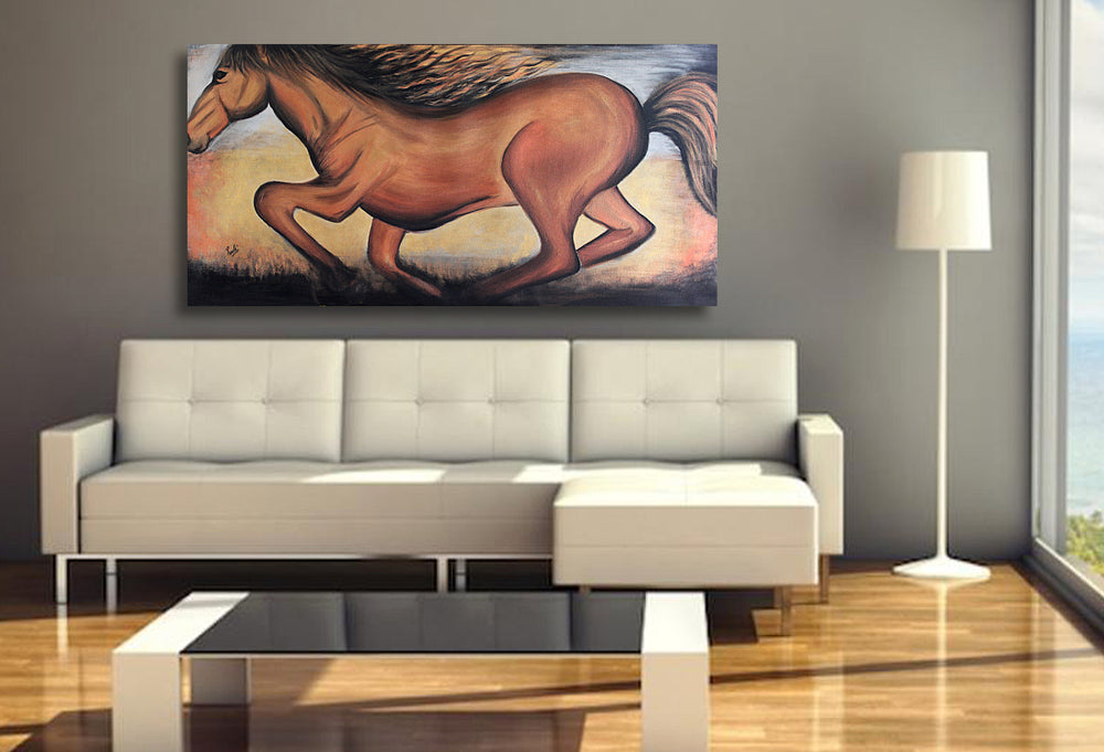 Golden Horse - 48x24 - Abstract painting, Modern Art, Wall art, Canvas painting, Framed art, Minimalist art